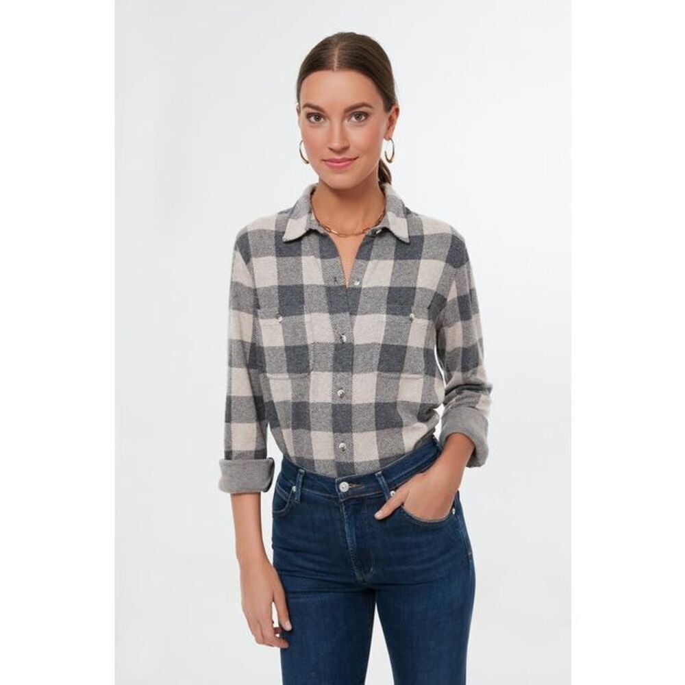 Faherty Women’s Tan Charcoal Buffalo Check Legend Sweater Shirt Size Medium